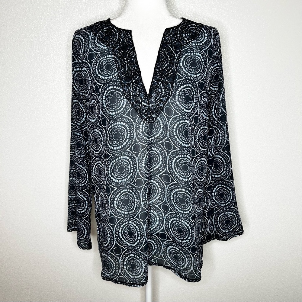 MICHAEL Michael Kors Womens Navy Patterned V-Neck Sheer Long Sleeve Tunic Top M